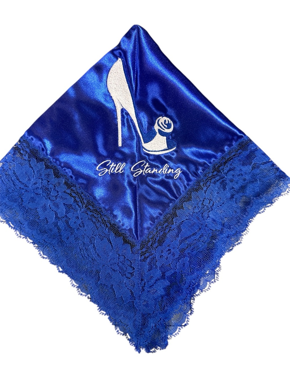 Royal Blue Satin Embroidered Still Standing Church Handkerchief Blue Lace Trim